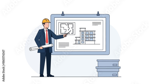 Architect or Engineer Presenting Building Blueprint and Floor Plan on Whiteboard