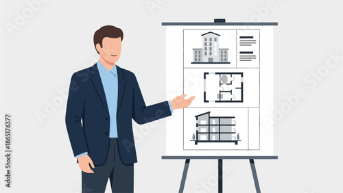 Real Estate Developer Presenting Architectural Blueprints and Building Plans on Whiteboard