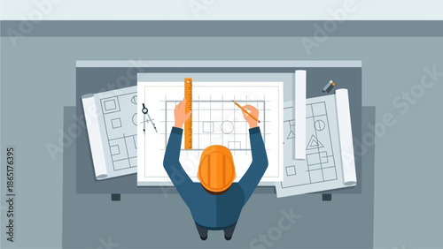 Overhead View of Architect Working on Building Blueprint with Ruler and Pencil
