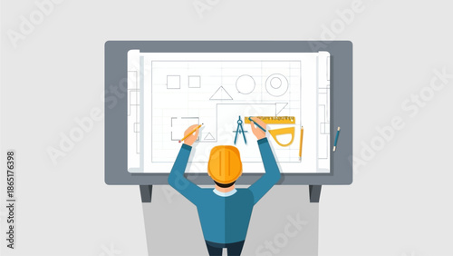 Architect or Engineer Drawing Blueprints on a Digital Drafting Table for Construction Project Planning