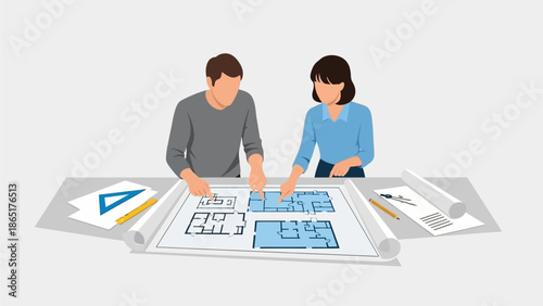 Couple Reviewing House Blueprint and Floor Plan Design for Home Renovation or New Construction