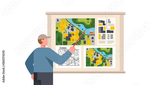 Urban Planner Pointing at Detailed Area Map Presentation on Whiteboard for Real Estate Development