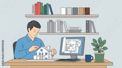 Architect Working on Home Blueprint Design and Physical Model in Modern Office