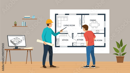 Architect and Client Reviewing Modern Apartment Floor Plan Blueprint for Home Renovation or Construction