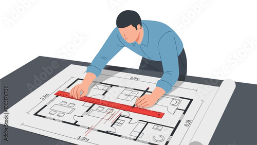 Architect Drawing House Floor Plan Blueprint with Ruler on Desk