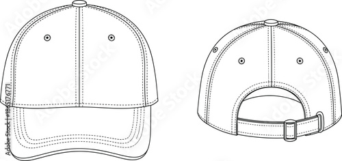 Baseball cap technical line drawing showing front and back views with stitching details adjustable strap design isolated on white background