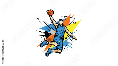 Urban street basketball mural vector illustration featuring a powerful player mid dunk with bold flat colors, graffiti city background, modern sports street art design for advertising and branding