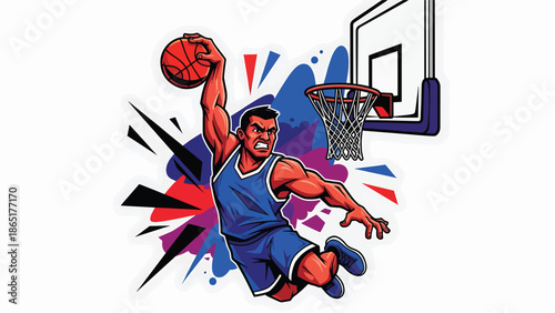 Urban street basketball mural vector illustration featuring a powerful player mid dunk with bold flat colors, graffiti city background, modern sports street art design for advertising and branding