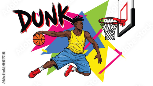 Urban street basketball mural vector illustration featuring a powerful player mid dunk with bold flat colors, graffiti city background, modern sports street art design for advertising and branding