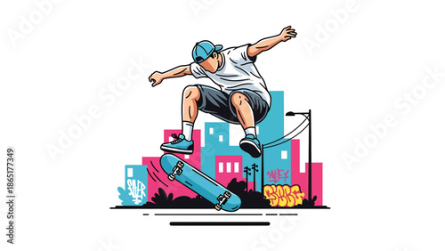 Skateboarder kickflip urban street mural vector illustration with bold flat colors and graffiti alley background, modern youth sports artwork perfect for branding, posters, and advertising design