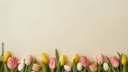 Vibrant Tulips and Easter Eggs Border on Soft Beige Background - Spring Floral Arrangement Concept