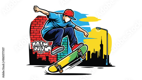 Skateboarder kickflip urban street mural vector illustration with bold flat colors and graffiti alley background, modern youth sports artwork perfect for branding, posters, and advertising design