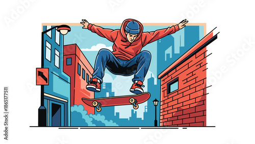 Skateboarder kickflip urban street mural vector illustration with bold flat colors and graffiti alley background, modern youth sports artwork perfect for branding, posters, and advertising design