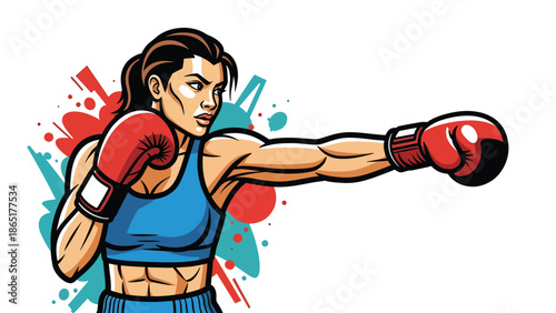 Female boxer street mural vector illustration with bold flat colors and graffiti urban background, powerful sports artwork representing strength, fitness, and empowerment for modern advertising use