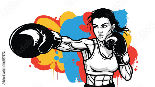 Female boxer street mural vector illustration with bold flat colors and graffiti urban background, powerful sports artwork representing strength, fitness, and empowerment for modern advertising use