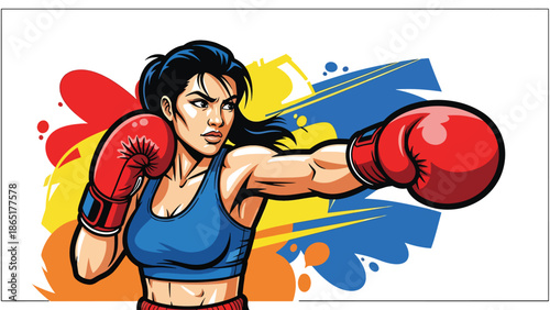 Female boxer street mural vector illustration with bold flat colors and graffiti urban background, powerful sports artwork representing strength, fitness, and empowerment for modern advertising use
