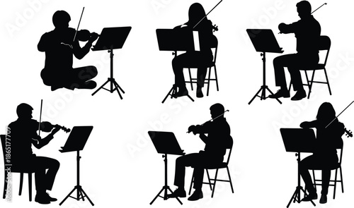 Set of six violin player silhouettes seated with music stands, orchestral musician poses, classical string instrument performance, minimalist black vector icons.