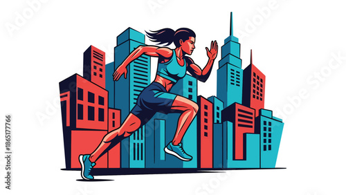 Street runner urban mural vector illustration with bold flat colors and abstract city background, dynamic sports artwork symbolizing speed, fitness, and motivation for advertising and branding