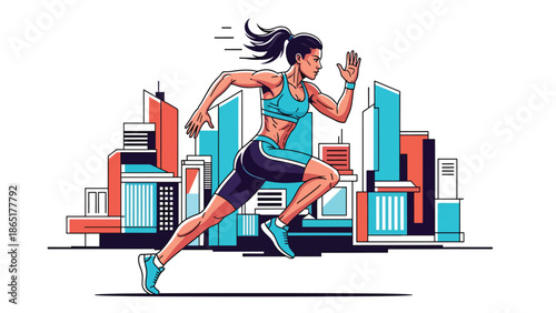 Street runner urban mural vector illustration with bold flat colors and abstract city background, dynamic sports artwork symbolizing speed, fitness, and motivation for advertising and branding