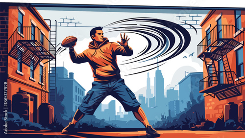 running, runner, street runner, urban sports, city mural, sports vector, fitness, speed, athlete, flat design, bold colors, urban art, city background, graffiti style, modern illustration, advertising
