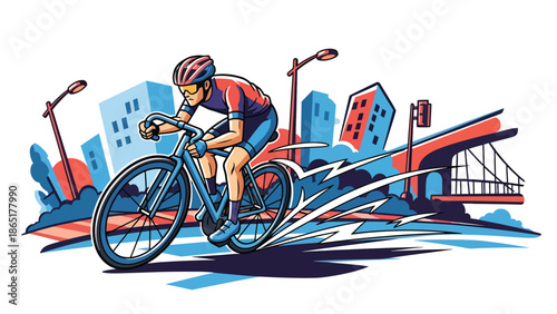 Urban cyclist racing mural vector illustration with flat solid colors and graffiti city background, dynamic street sports artwork for fitness, lifestyle, and modern advertising design