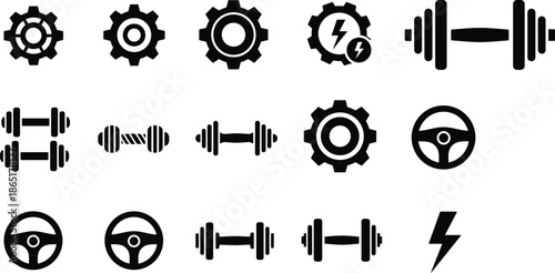 Mechanical gear and fitness dumbbell icon set with steering wheel and energy symbols isolated on white background for industry and gym design