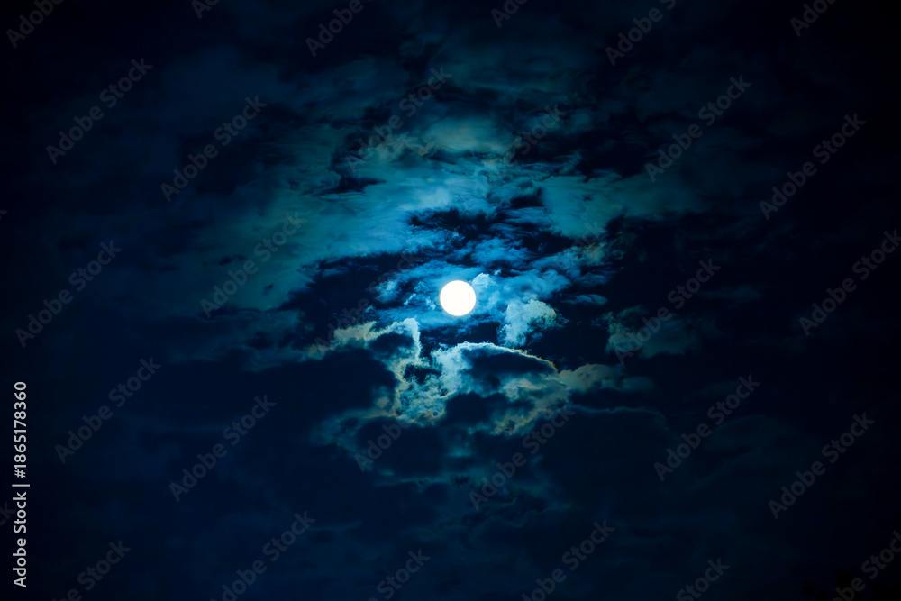 Fototapeta premium 8K photo of bright full moon and clouds on the night sky.