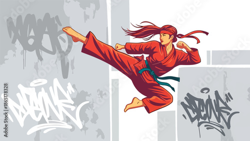 Martial artist high kick urban mural vector illustration with bold flat colors and graffiti city background, powerful street sports artwork for branding, fitness, and advertising projects