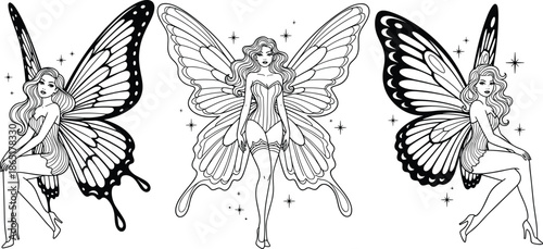 Three pin up fairies line art, butterfly wings illustration, vintage art deco style, mythical female figures, whimsical black white coloring page