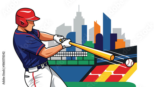 Baseball home run urban mural vector illustration with bold flat colors and graffiti city background, dynamic sports artwork designed for advertising, branding, and sports promotions