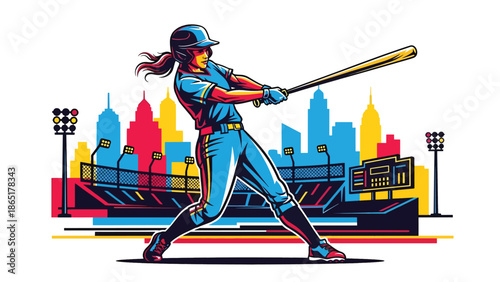 Baseball home run urban mural vector illustration with bold flat colors and graffiti city background, dynamic sports artwork designed for advertising, branding, and sports promotions