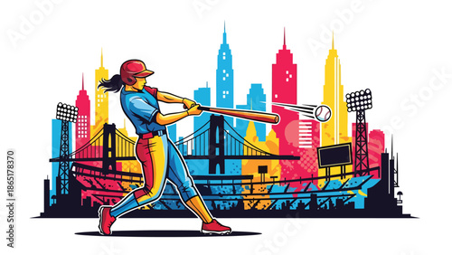 Baseball home run urban mural vector illustration with bold flat colors and graffiti city background, dynamic sports artwork designed for advertising, branding, and sports promotions