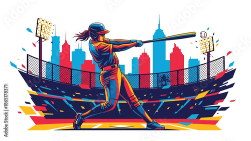 Baseball home run urban mural vector illustration with bold flat colors and graffiti city background, dynamic sports artwork designed for advertising, branding, and sports promotions