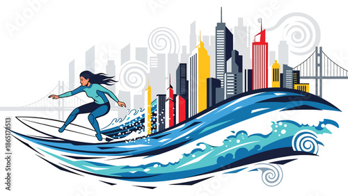 Urban surfer mural vector illustration blending ocean waves and city background with bold flat colors, modern street sports artwork for lifestyle branding and creative advertising projects