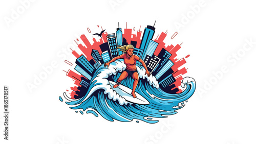 Urban surfer mural vector illustration blending ocean waves and city background with bold flat colors, modern street sports artwork for lifestyle branding and creative advertising projects