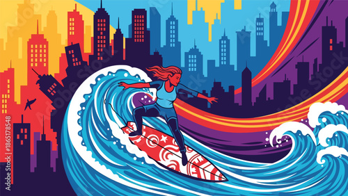 Urban surfer mural vector illustration blending ocean waves and city background with bold flat colors, modern street sports artwork for lifestyle branding and creative advertising projects