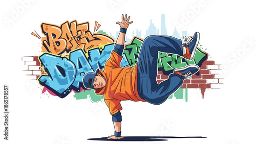 Breakdance street athlete mural vector illustration with bold flat colors and graffiti city background, energetic urban sports artwork for youth culture and modern advertising use