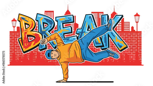 Breakdance street athlete mural vector illustration with bold flat colors and graffiti city background, energetic urban sports artwork for youth culture and modern advertising use
