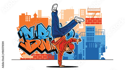Breakdance street athlete mural vector illustration with bold flat colors and graffiti city background, energetic urban sports artwork for youth culture and modern advertising use