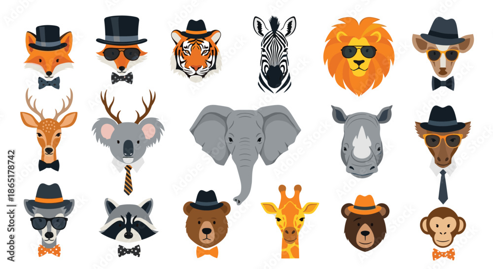 Fototapeta premium Collection of cute hipster animal portraits with hats, glasses, and bow ties, including a fox, tiger, lion, and bear.