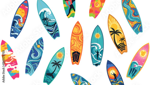 Dynamic scattered arrangement of colorful surfboards, each adorned with unique beach-themed and tropical patterns, ready for summer waves.