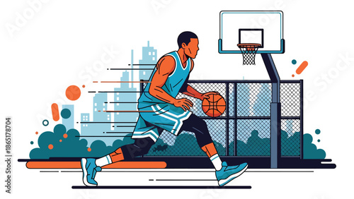 Street basketball dribbling mural vector illustration with bold flat colors and graffiti court background, modern urban sports artwork designed for advertising and branding campaigns
