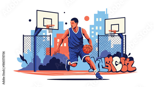Street basketball dribbling mural vector illustration with bold flat colors and graffiti court background, modern urban sports artwork designed for advertising and branding campaigns