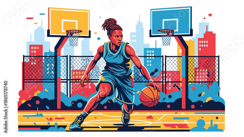 Street basketball dribbling mural vector illustration with bold flat colors and graffiti court background, modern urban sports artwork designed for advertising and branding campaigns