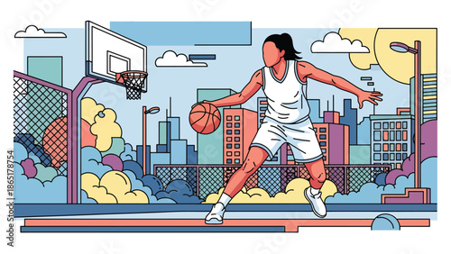 Street basketball dribbling mural vector illustration with bold flat colors and graffiti court background, modern urban sports artwork designed for advertising and branding campaigns