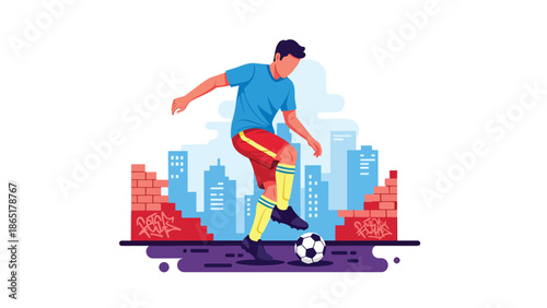 Freestyle street soccer mural vector illustration with bold flat colors and graffiti city background, dynamic football artwork created for advertising, branding, and youth culture design