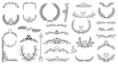 Hand-drawn collection of black and white Easter borders, wreaths, and dividers with eggs, bunnies, and pussy willow.
