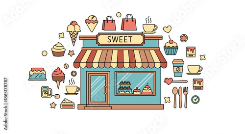 Line art illustration of a cute sweet shop facade surrounded by icons of coffee, cupcakes, and ice cream for a cafe menu.