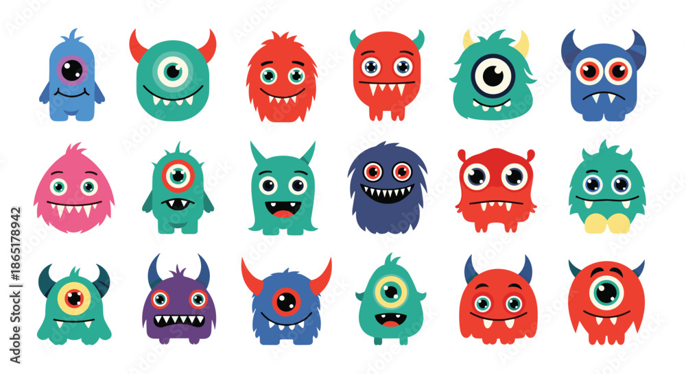Fototapeta premium A fun and colorful collection of cute and friendly cartoon monsters with various funny faces, horns, and googly eyes for kids.