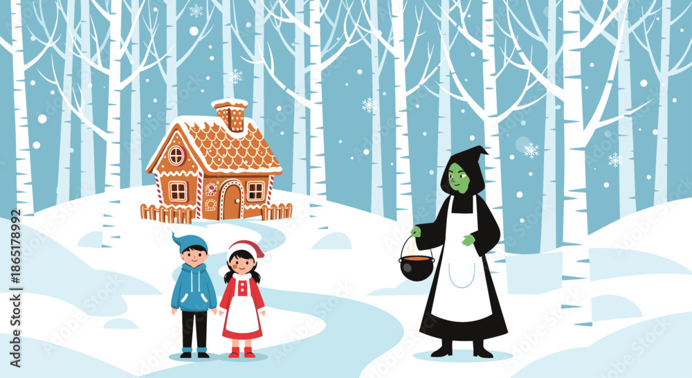 Naklejka premium A classic fairytale scene illustrating Hansel and Gretel meeting an old witch in a snowy forest with a gingerbread house vector.